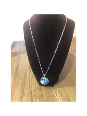 Silver Tone Glow in the Dark Blue Moon Pendant Necklace